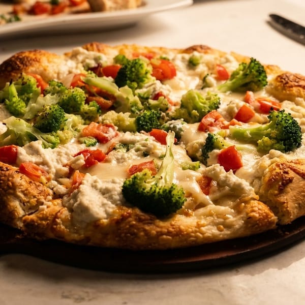 A freshly baked pizza with broccoli, tomatoes, and ricotta cheese on a wooden paddle.