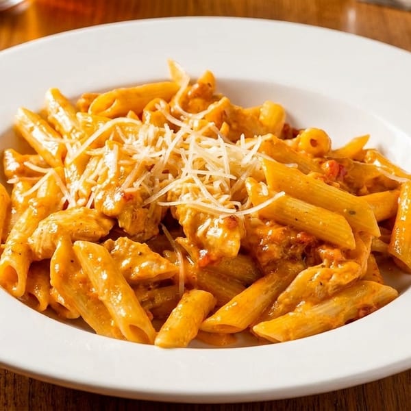 Penne pasta with creamy tomato sauce, chicken, and shredded cheese in a white bowl on a wooden table.