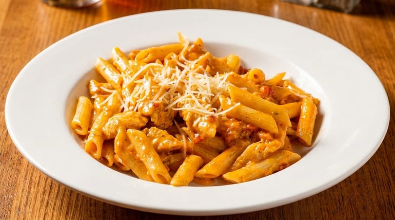 Penne pasta with creamy tomato sauce, chicken, and shredded cheese in a white bowl on a wooden table.