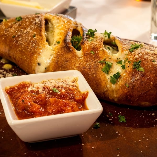 Golden-brown cheesy bread with herbs and parmesan, served with a side of marinara sauce on a wooden board.
