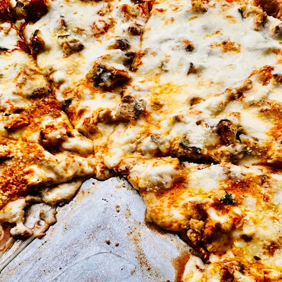 Close-up of a freshly baked pizza with melted cheese and a missing slice on a metal tray.