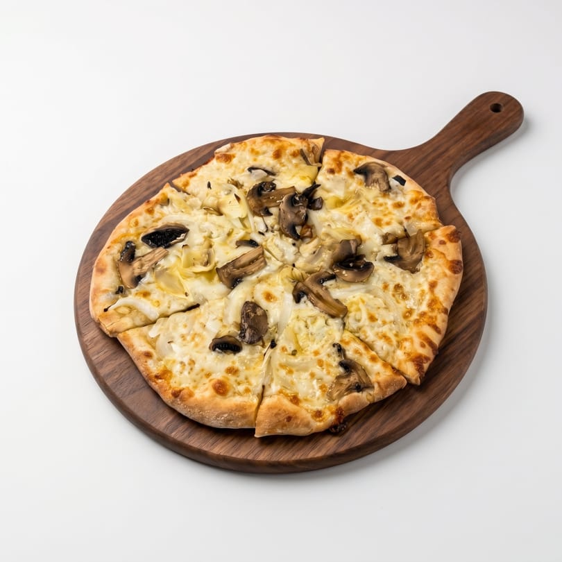 A whole mushroom and onion pizza, sliced into eight pieces, on a wooden serving board.