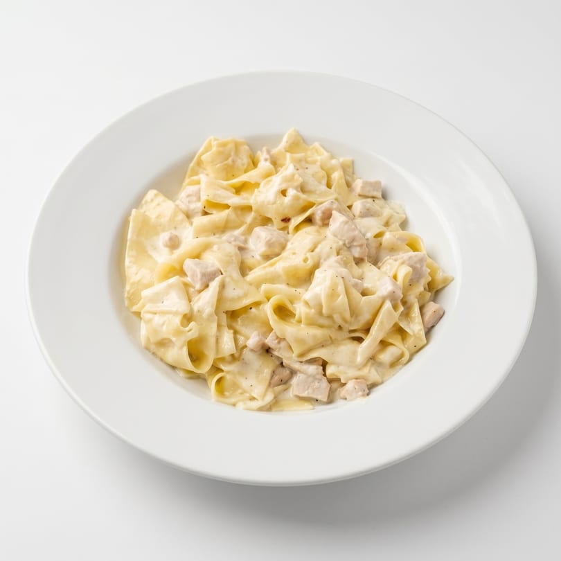 Creamy chicken alfredo with fettuccine pasta in a white bowl on a white background.