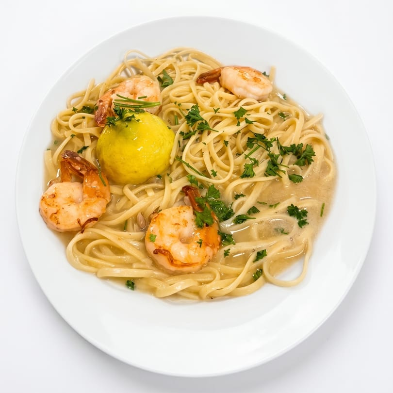 Shrimp scampi with linguine pasta, parsley, and a whole lemon on a white plate.
